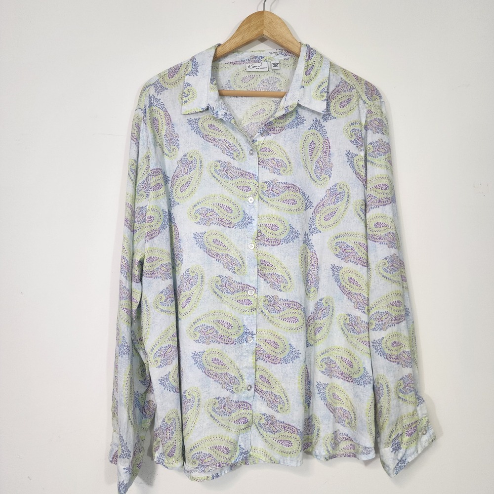 Kim Rogers 100% Linen women's‎ XL blues green Paisley Button Down Shirt Pastel